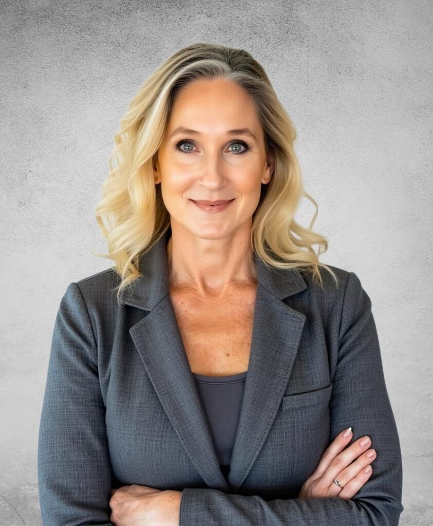Heather Ross, CFO, smiles confidently with arms crossed, wearing a charcoal gray blazer over a dark top. She has wavy, shoulder-length blonde hair, and stands in front of a textured gray background.
