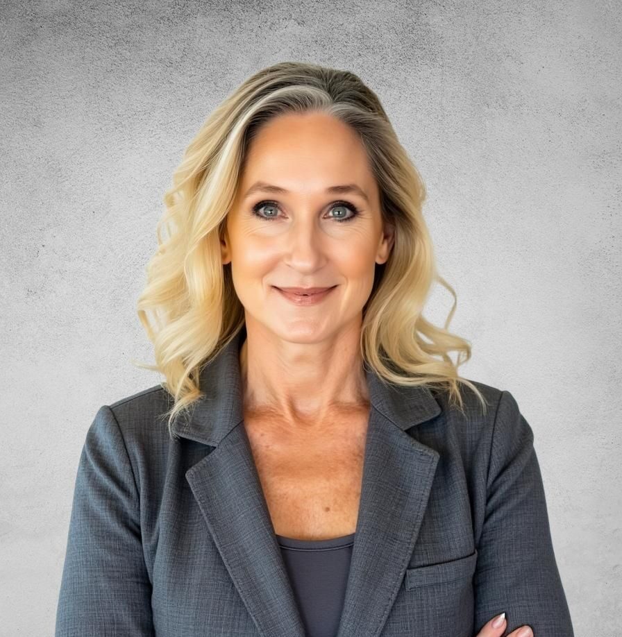 Heather Ross, CFO, smiles confidently with arms crossed, wearing a charcoal gray blazer over a dark top. She has wavy, shoulder-length blonde hair, and stands in front of a textured gray background.