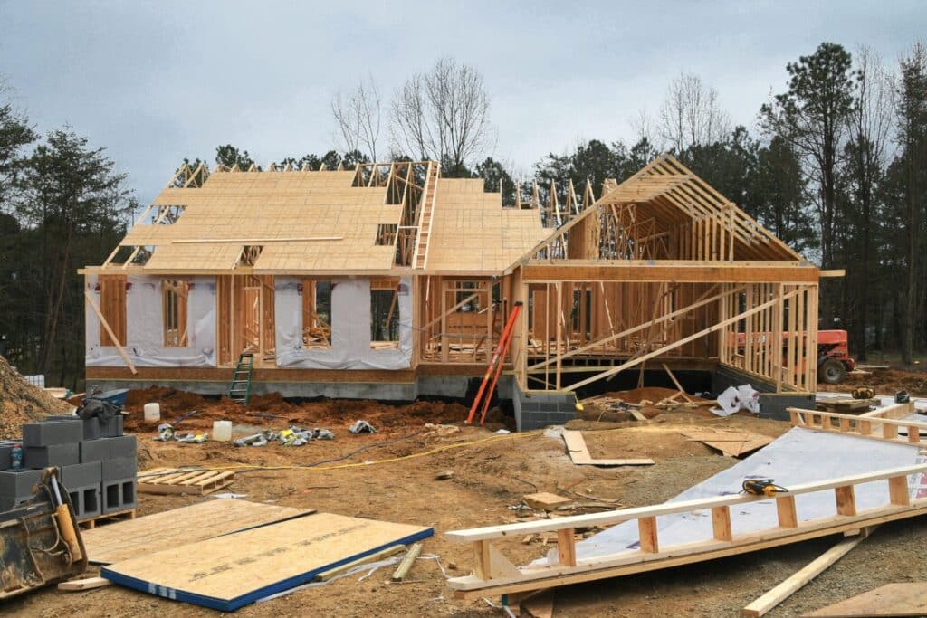 Exterior of a residential home under construction during the framing phase in Washington