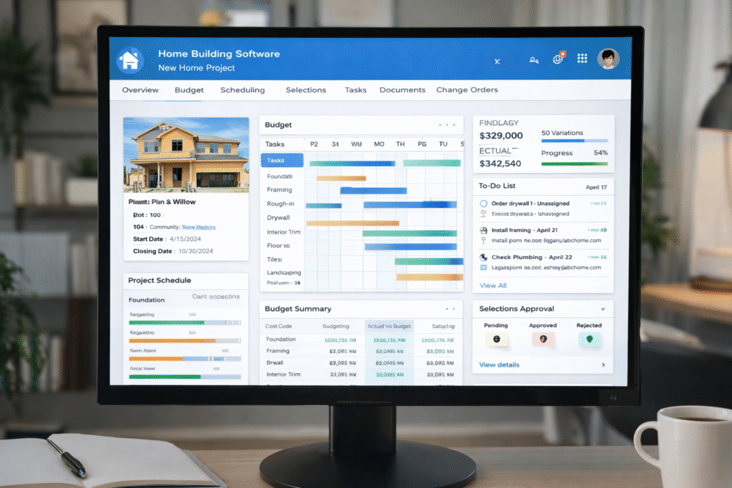 Computer monitor displaying home construction management software with budget tracking, scheduling Gantt chart, and task list.